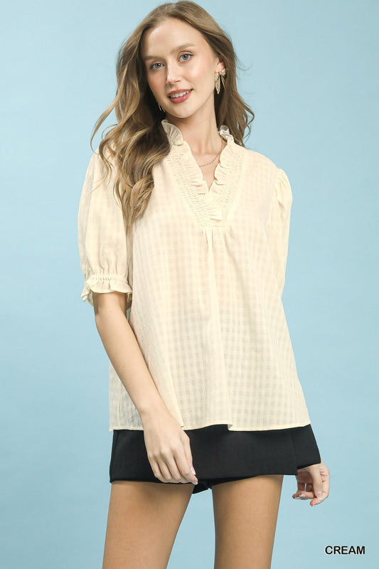 Umgee Textured Check Ruffle V - Neck Blouse - Bitsy Gypsy Boutique