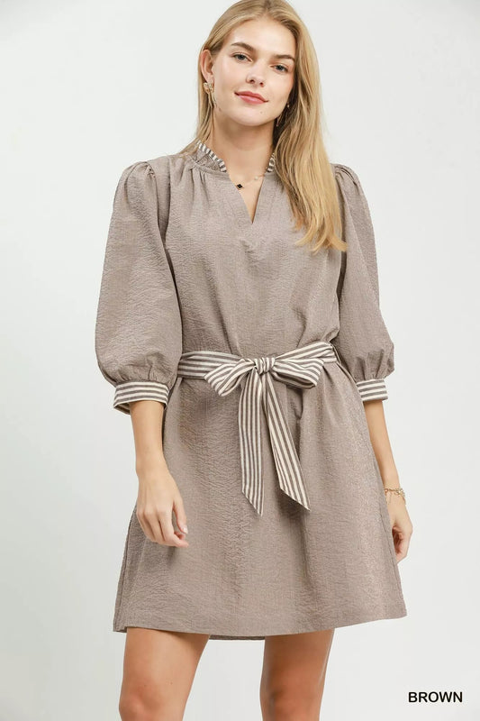Umgee Textured Contrast Trim Tie Waist Mini Dress - Bitsy Gypsy Boutique
