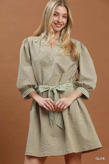 Umgee Textured Contrast Trim Tie Waist Mini Dress - Bitsy Gypsy Boutique