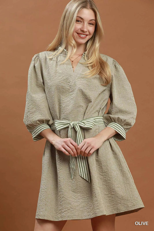 Umgee Textured Contrast Trim Tie Waist Mini Dress - Bitsy Gypsy Boutique