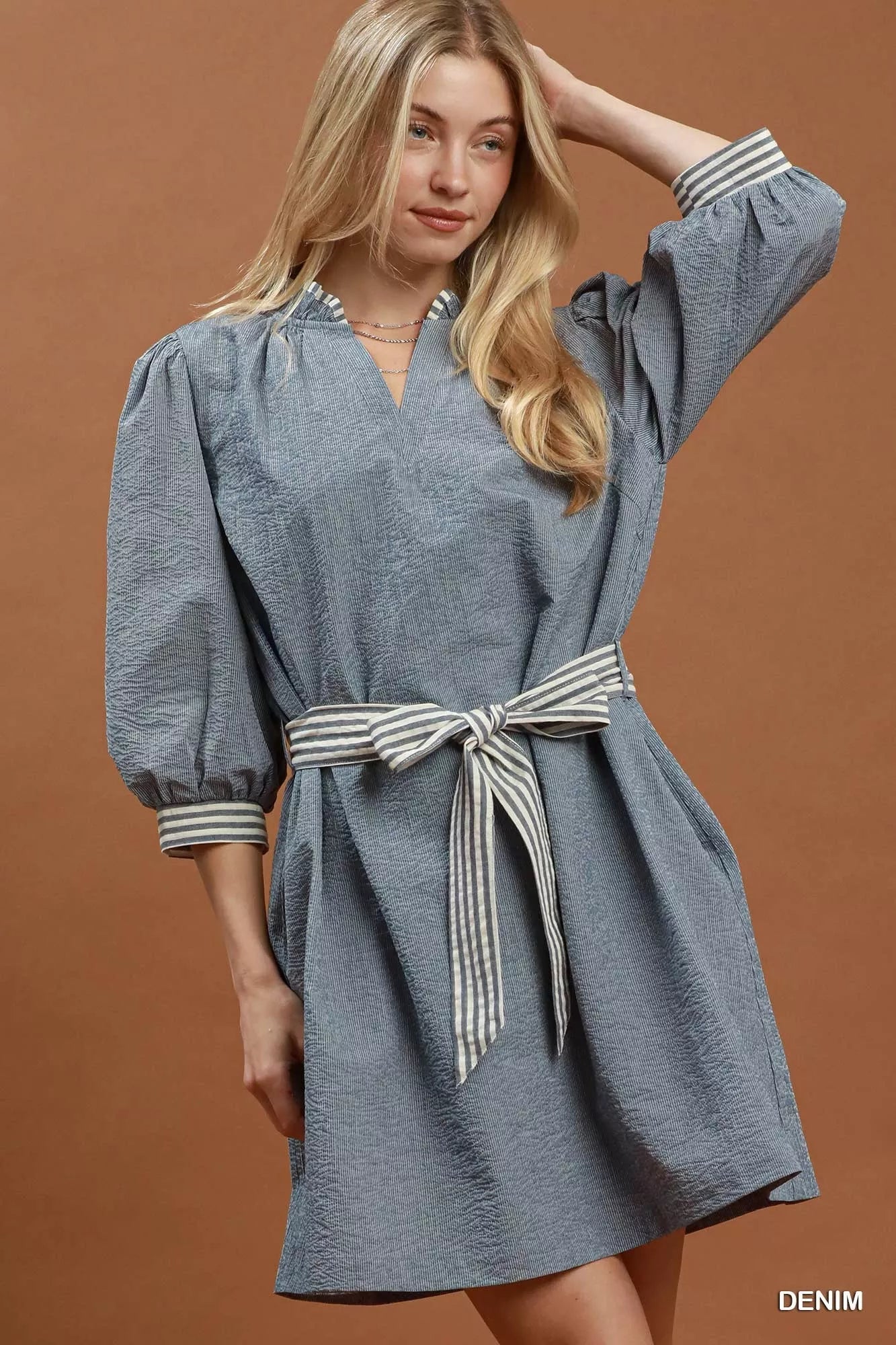 Umgee Textured Contrast Trim Tie Waist Mini Dress - Bitsy Gypsy Boutique