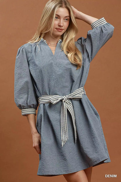 Umgee Textured Contrast Trim Tie Waist Mini Dress - Bitsy Gypsy Boutique