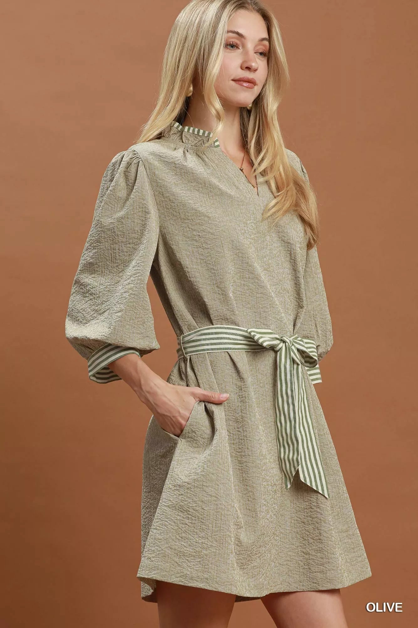 Umgee Textured Contrast Trim Tie Waist Mini Dress - Bitsy Gypsy Boutique