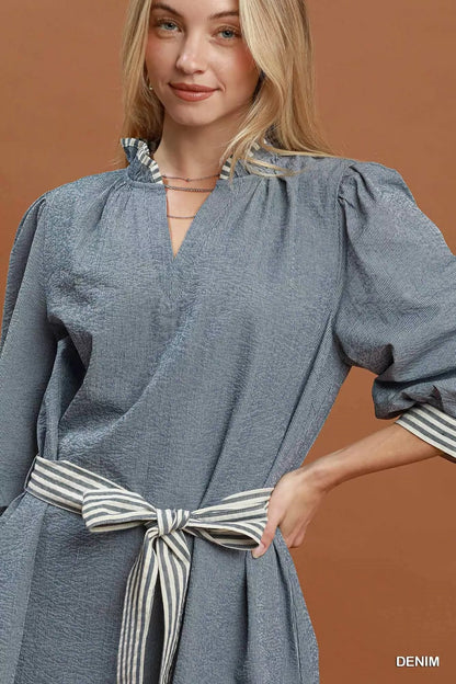 Umgee Textured Contrast Trim Tie Waist Mini Dress - Bitsy Gypsy Boutique