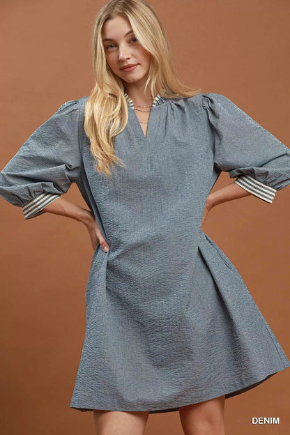 Umgee Textured Contrast Trim Tie Waist Mini Dress - Bitsy Gypsy Boutique