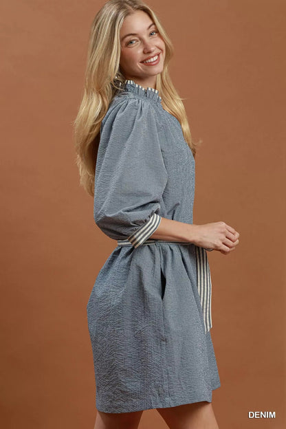 Umgee Textured Contrast Trim Tie Waist Mini Dress - Bitsy Gypsy Boutique