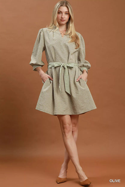 Umgee Textured Contrast Trim Tie Waist Mini Dress - Bitsy Gypsy Boutique