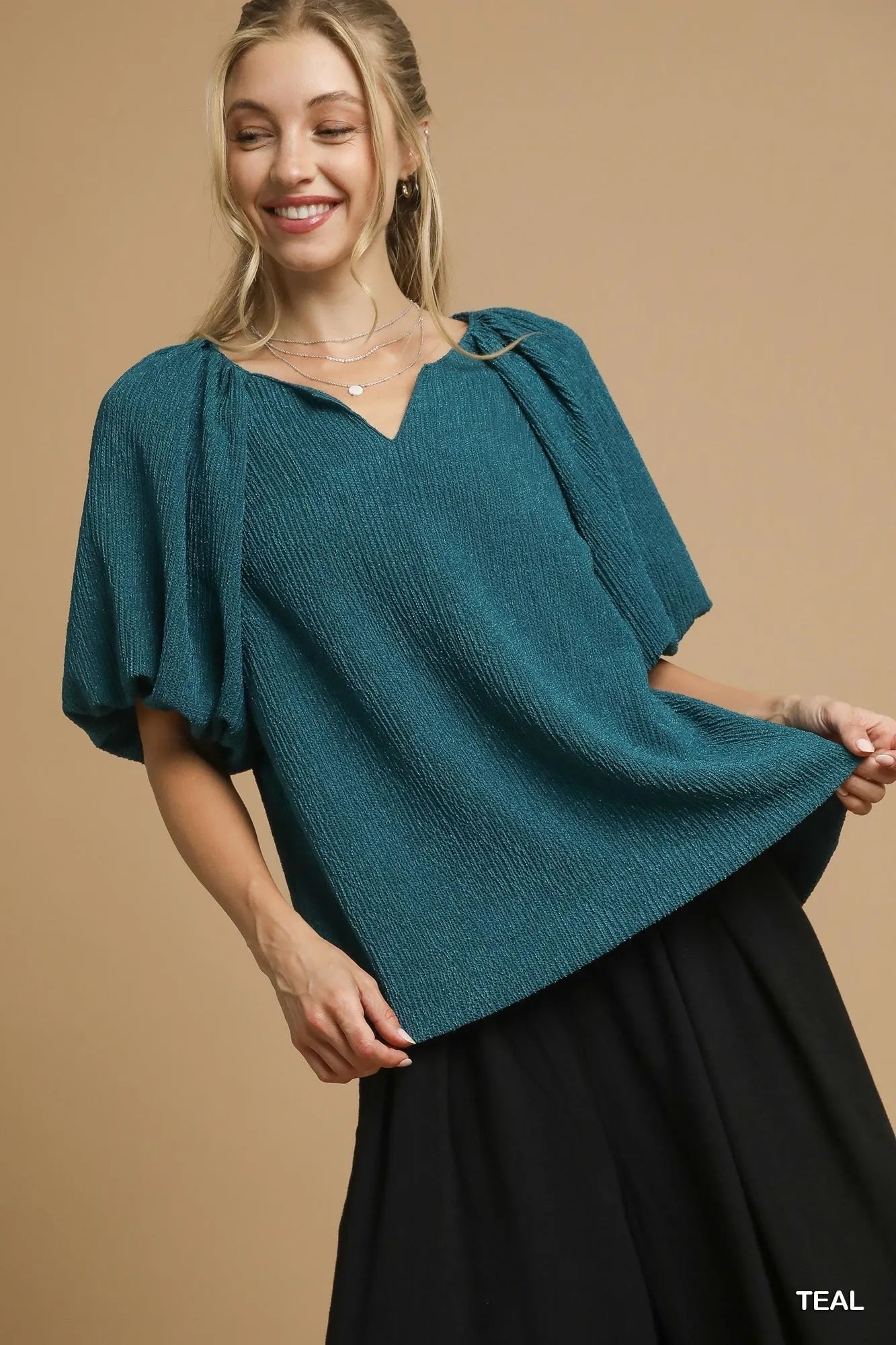 Umgee Textured Flutter Sleeve Notch Neck Top - Bitsy Gypsy Boutique