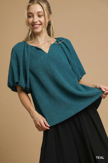 Umgee Textured Flutter Sleeve Notch Neck Top - Bitsy Gypsy Boutique