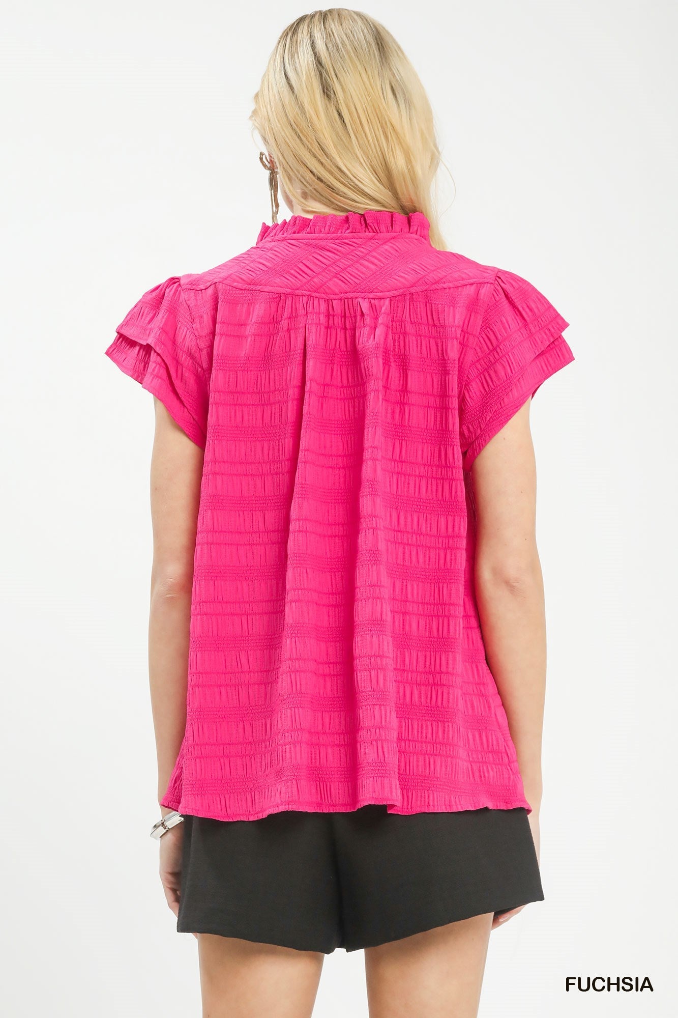 Umgee Textured Flutter Sleeve Split Neck Top - Bitsy Gypsy Boutique