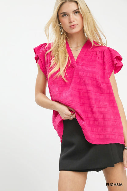 Umgee Textured Flutter Sleeve Split Neck Top - Bitsy Gypsy Boutique