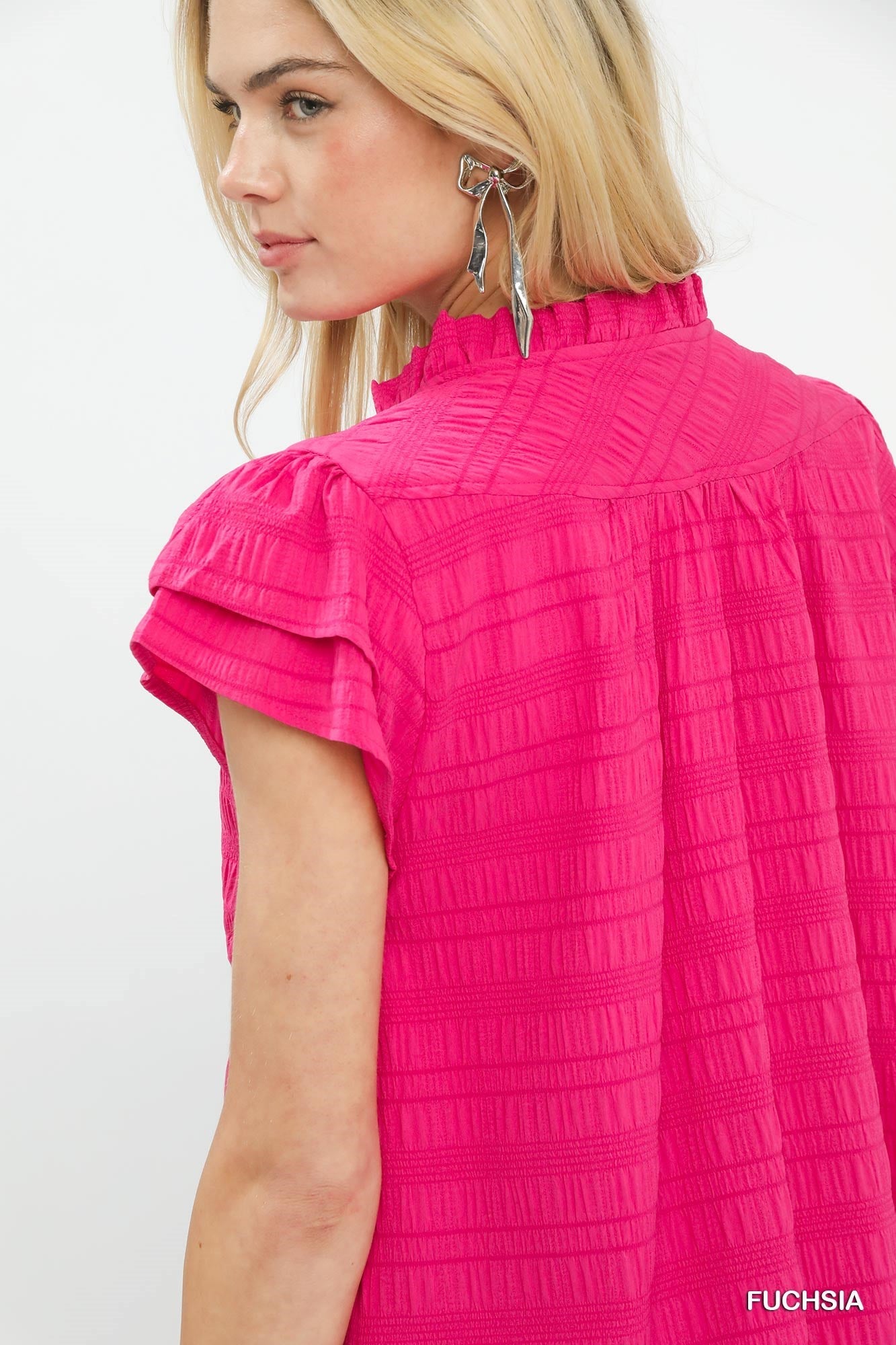 Umgee Textured Flutter Sleeve Split Neck Top - Bitsy Gypsy Boutique