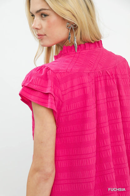 Umgee Textured Flutter Sleeve Split Neck Top - Bitsy Gypsy Boutique