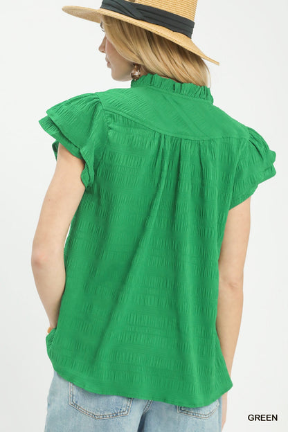Umgee Textured Flutter Sleeve Split Neck Top - Bitsy Gypsy Boutique