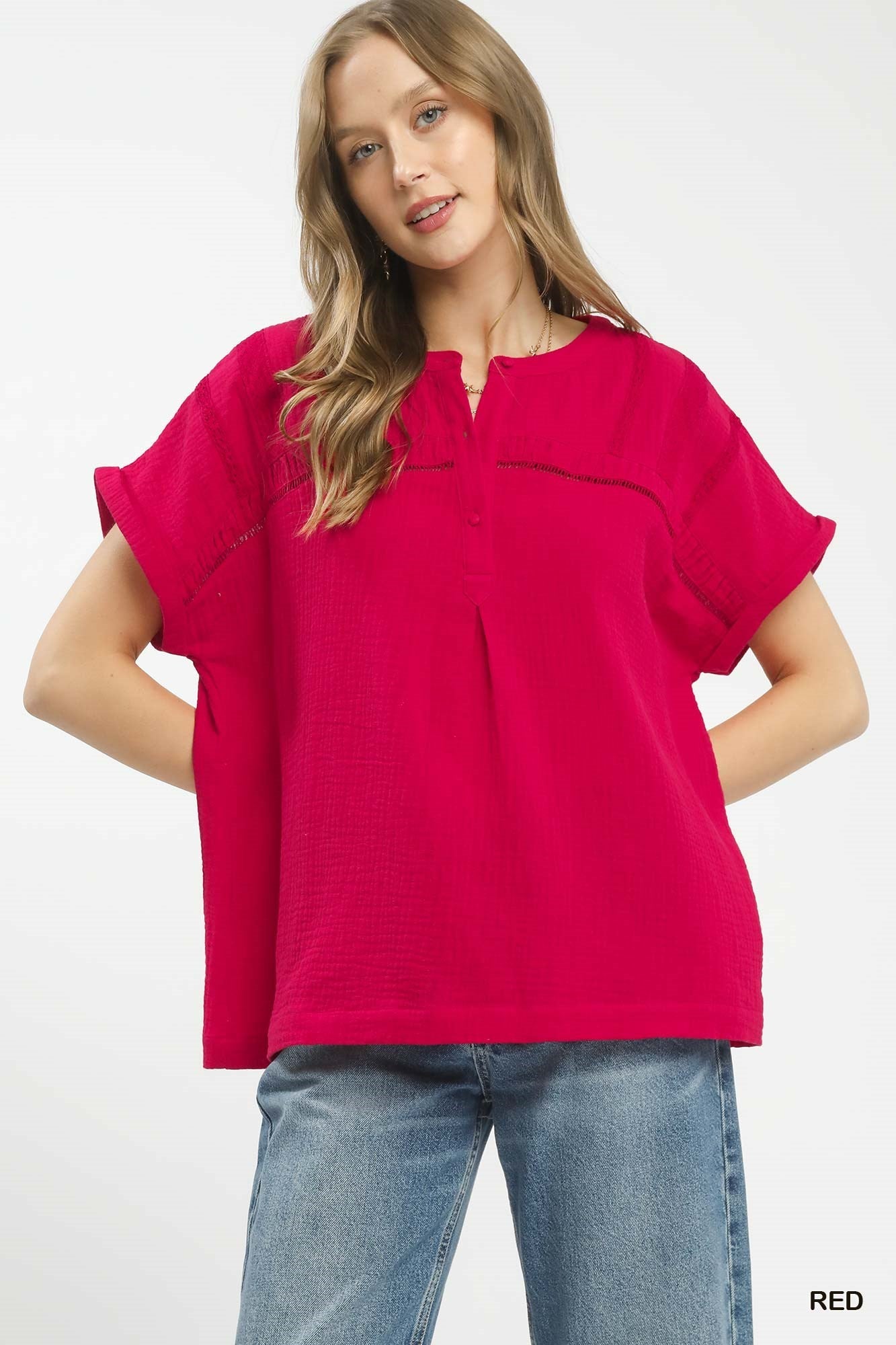 Umgee Textured Gauze Split - Neck Boho Blouse - Bitsy Gypsy Boutique