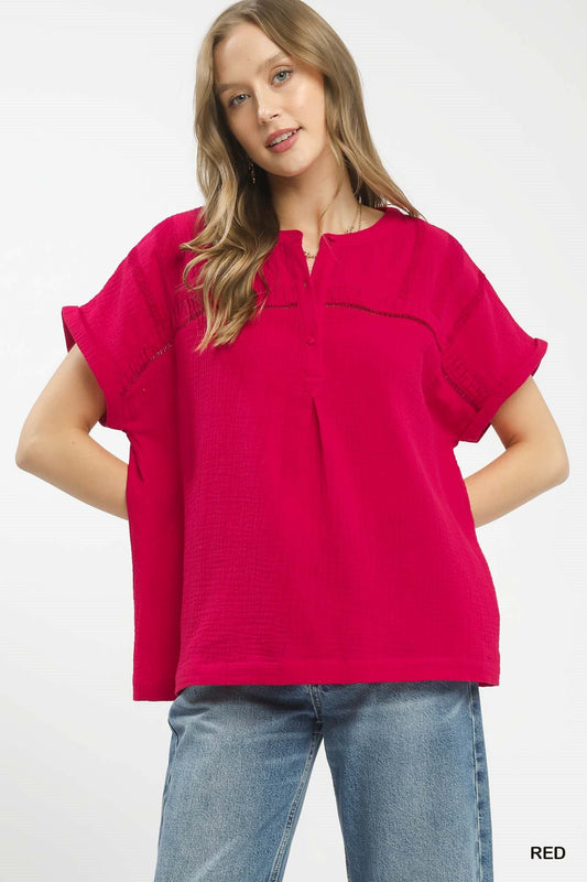 Umgee Textured Gauze Split - Neck Boho Blouse - Bitsy Gypsy Boutique