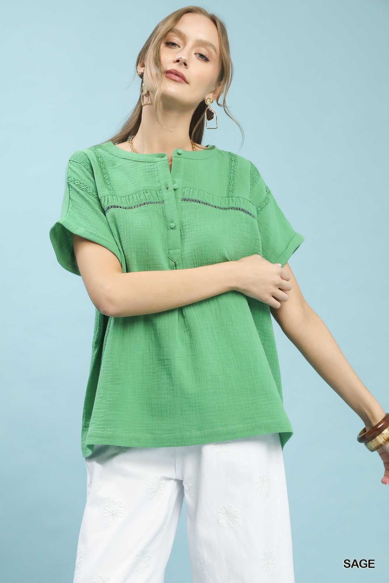 Umgee Textured Gauze Split - Neck Boho Blouse - Bitsy Gypsy Boutique