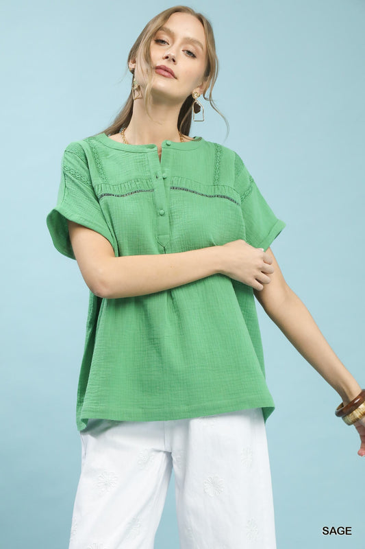 Umgee Textured Gauze Split - Neck Boho Blouse - Bitsy Gypsy Boutique