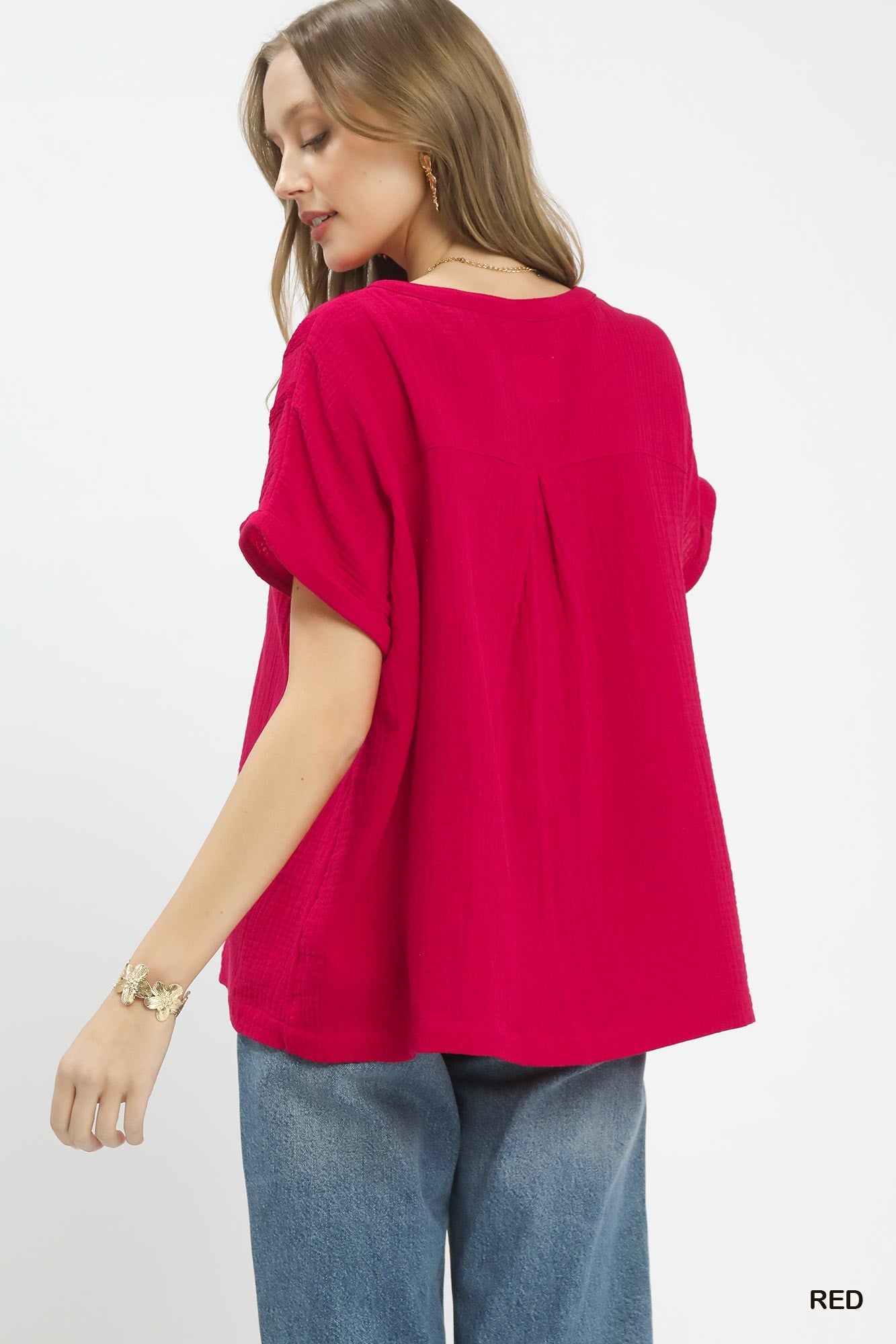 Umgee Textured Gauze Split - Neck Boho Blouse - Bitsy Gypsy Boutique