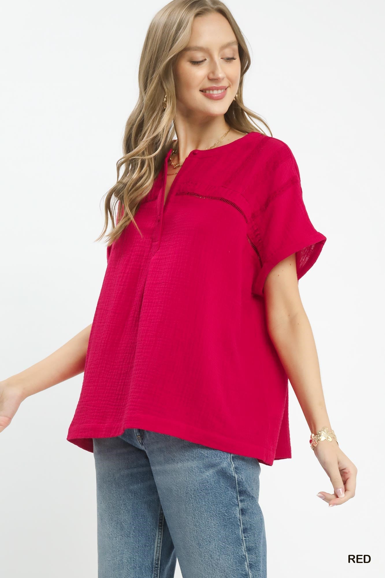 Umgee Textured Gauze Split - Neck Boho Blouse - Bitsy Gypsy Boutique