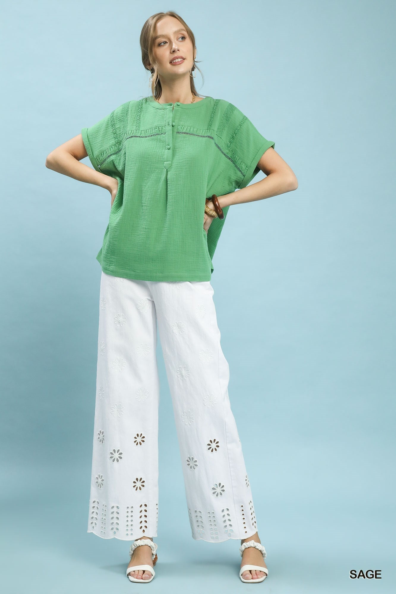 Umgee Textured Gauze Split - Neck Boho Blouse - Bitsy Gypsy Boutique