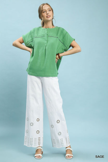 Umgee Textured Gauze Split - Neck Boho Blouse - Bitsy Gypsy Boutique