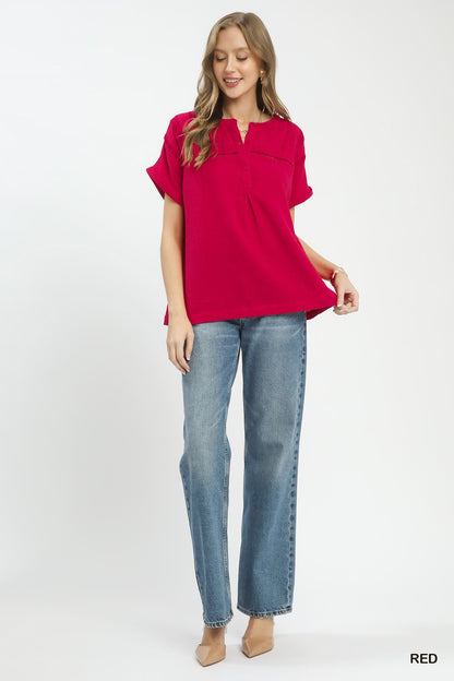 Umgee Textured Gauze Split - Neck Boho Blouse - Bitsy Gypsy Boutique