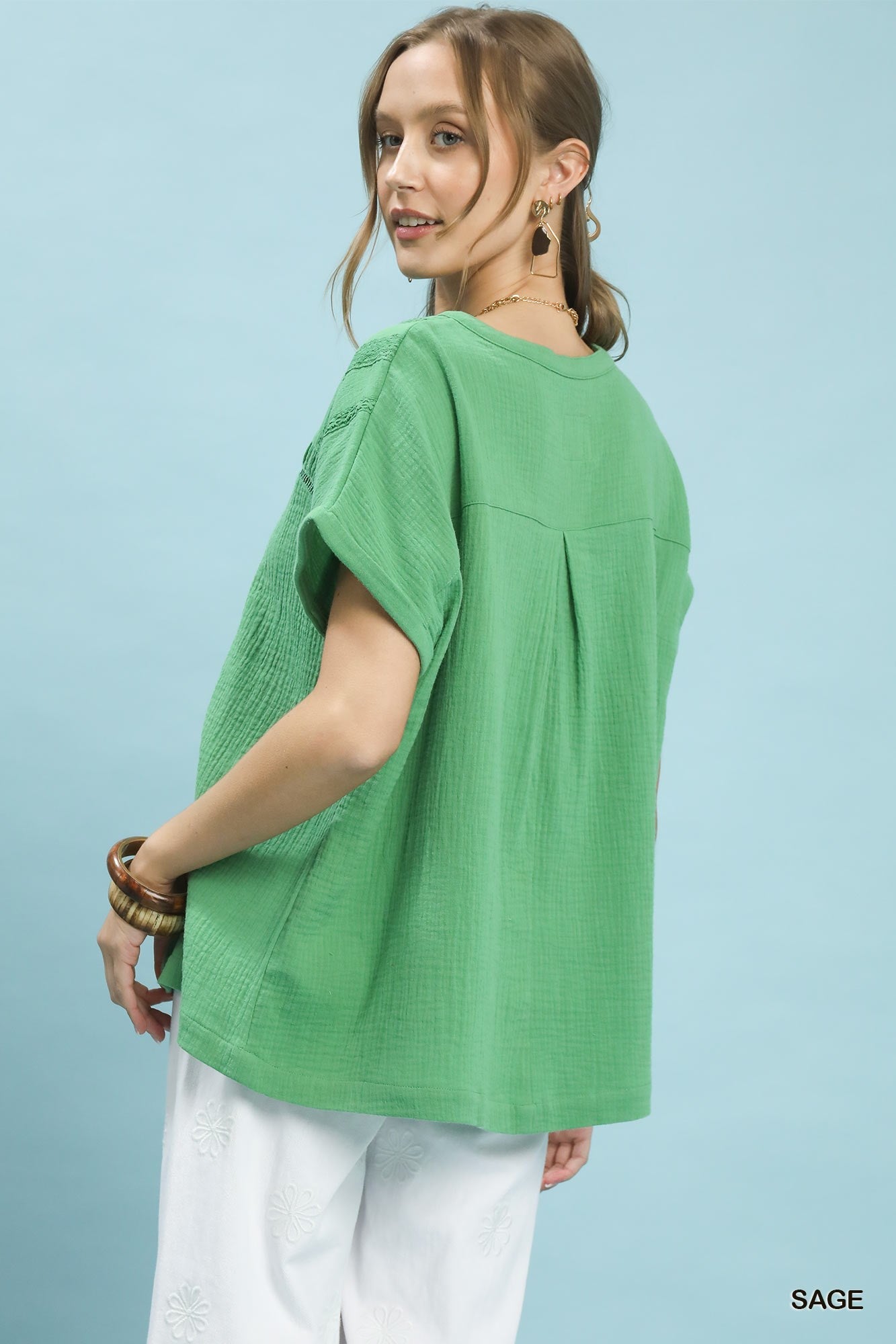 Umgee Textured Gauze Split - Neck Boho Blouse - Bitsy Gypsy Boutique