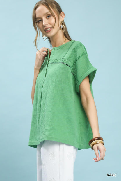 Umgee Textured Gauze Split - Neck Boho Blouse - Bitsy Gypsy Boutique