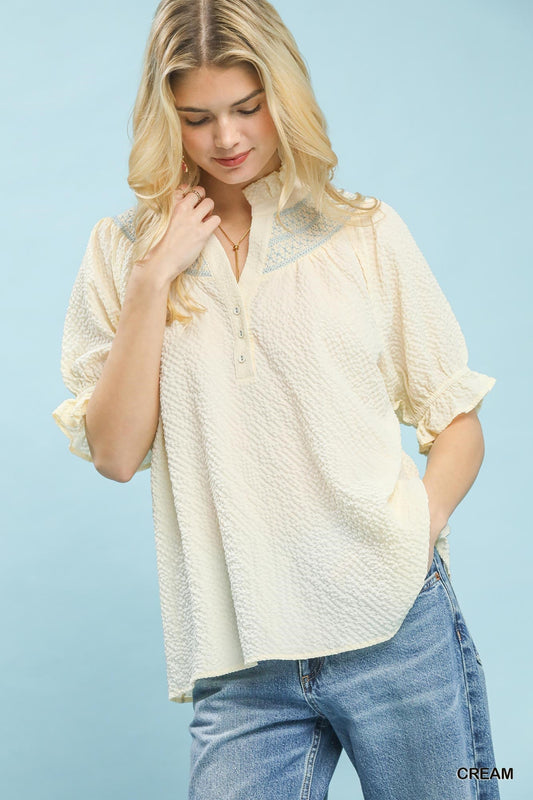 Umgee Textured Henley Blouse with Ruffle Cuffs - Bitsy Gypsy Boutique