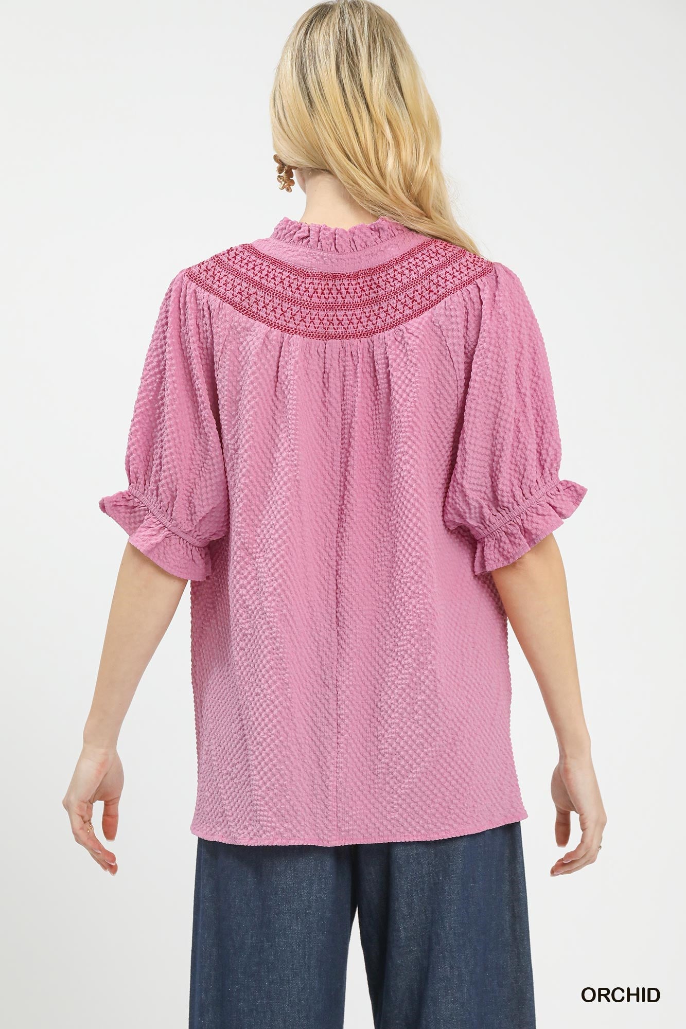 Umgee Textured Henley Blouse with Ruffle Cuffs - Bitsy Gypsy Boutique