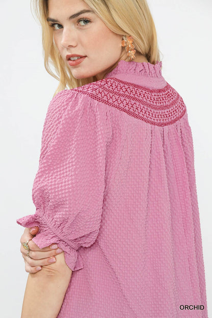 Umgee Textured Henley Blouse with Ruffle Cuffs - Bitsy Gypsy Boutique