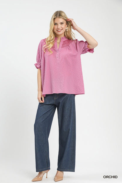 Umgee Textured Henley Blouse with Ruffle Cuffs - Bitsy Gypsy Boutique