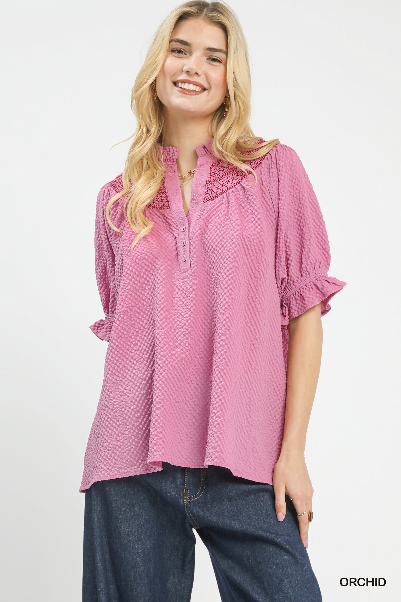 Umgee Textured Henley Blouse with Ruffle Cuffs - Bitsy Gypsy Boutique