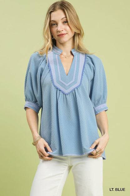 Umgee Textured Jacquard Contrast Trim Top - Bitsy Gypsy Boutique