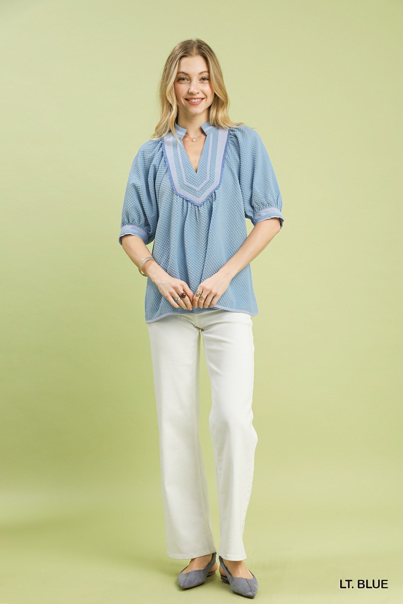 Umgee Textured Jacquard Contrast Trim Top - Bitsy Gypsy Boutique