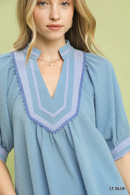 Umgee Textured Jacquard Contrast Trim Top - Bitsy Gypsy Boutique