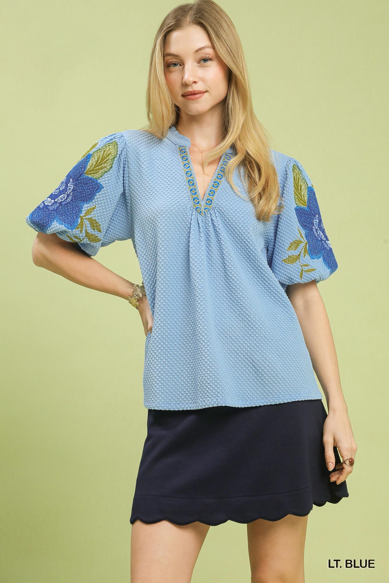 Umgee Textured Jacquard V - Neck Bubble Sleeve Top - Bitsy Gypsy Boutique