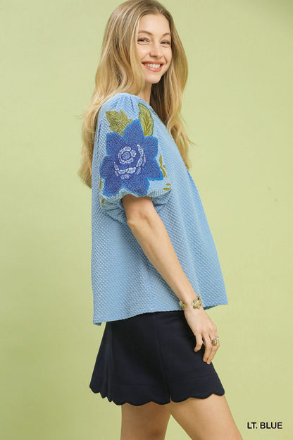 Umgee Textured Jacquard V - Neck Bubble Sleeve Top - Bitsy Gypsy Boutique