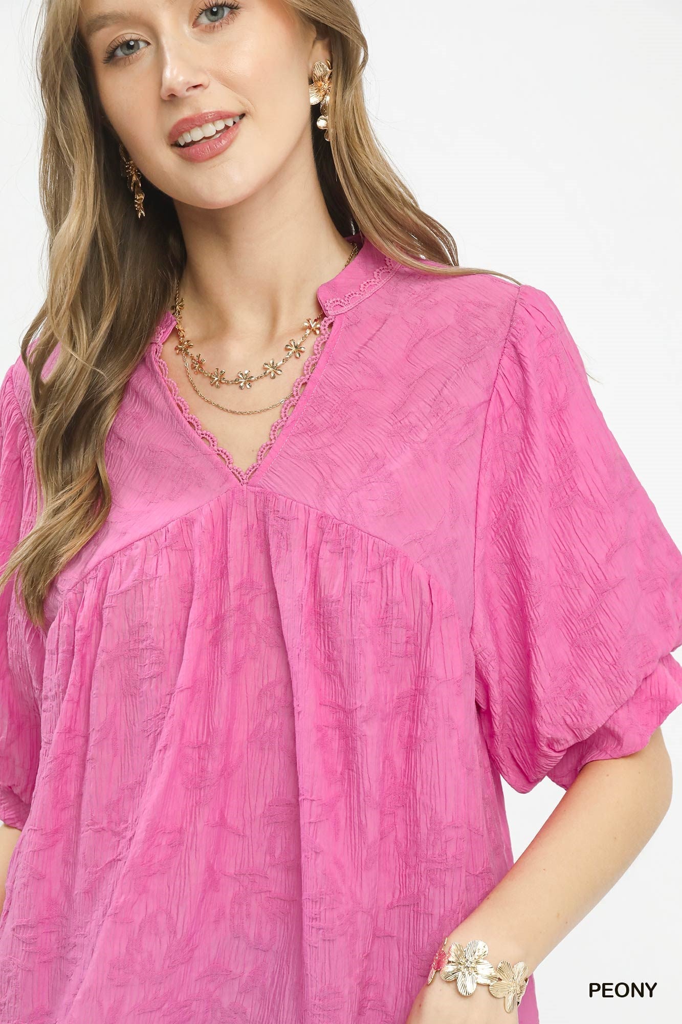 Umgee Textured Lace Trim V - Neck Boho Blouse - Bitsy Gypsy Boutique
