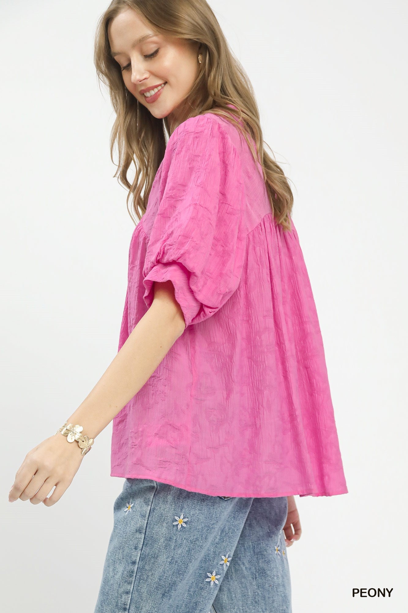 Umgee Textured Lace Trim V - Neck Boho Blouse - Bitsy Gypsy Boutique