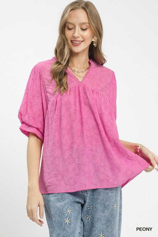 Umgee Textured Lace Trim V - Neck Boho Blouse - Bitsy Gypsy Boutique