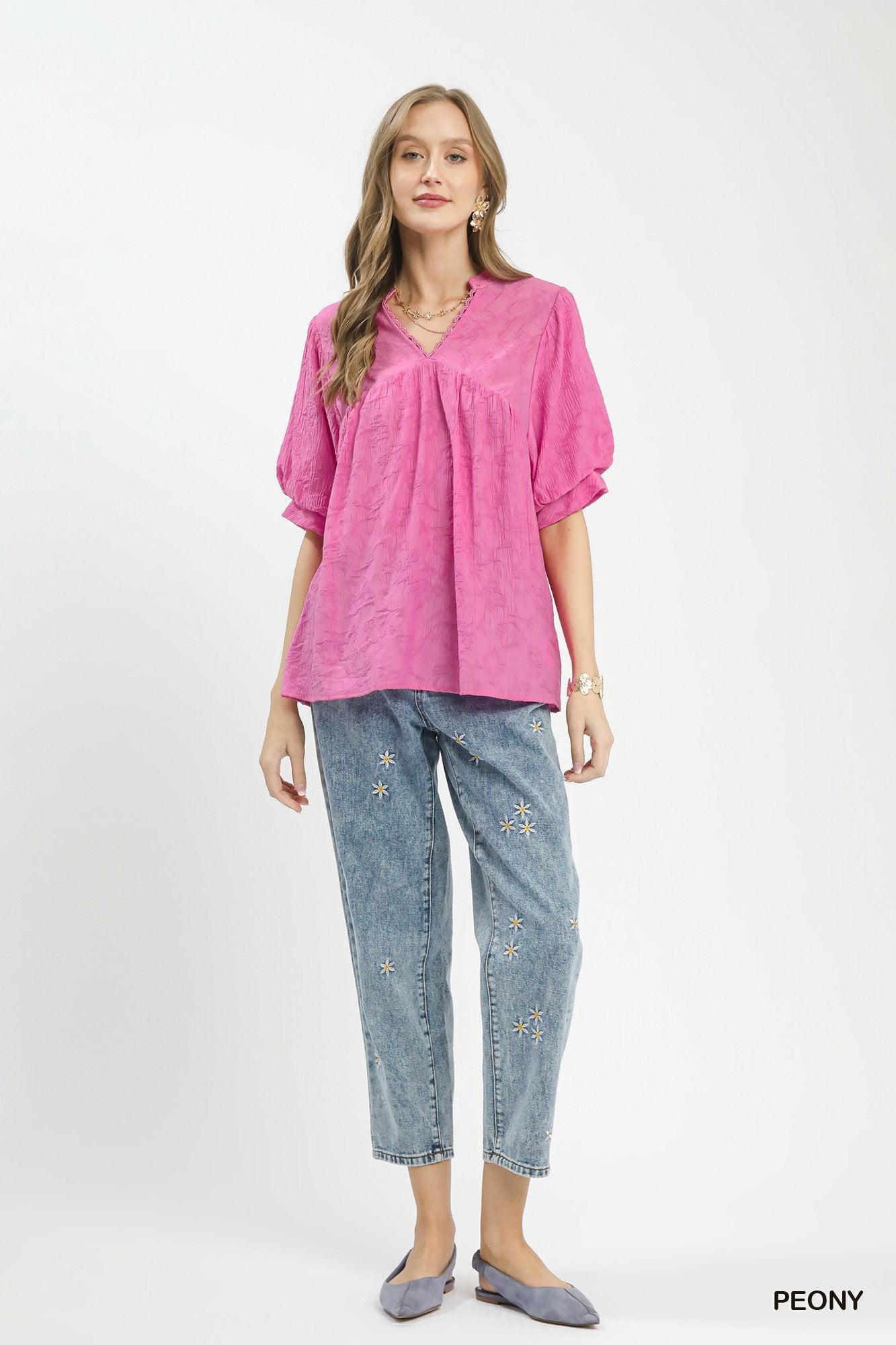 Umgee Textured Lace Trim V - Neck Boho Blouse - Bitsy Gypsy Boutique