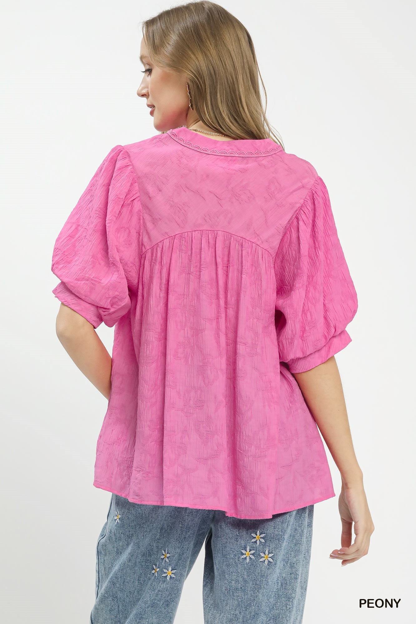 Umgee Textured Lace Trim V - Neck Boho Blouse - Bitsy Gypsy Boutique