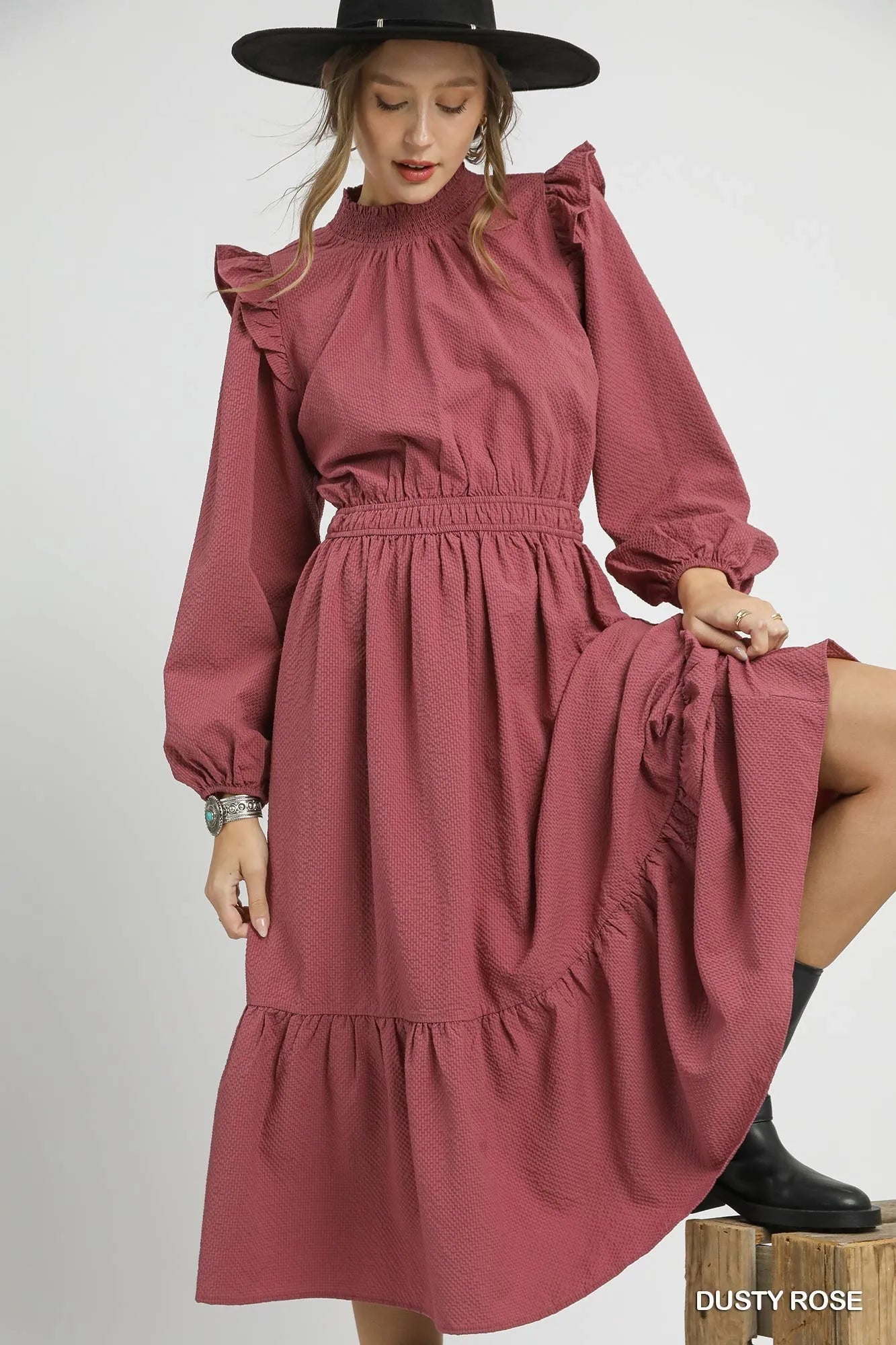 Umgee Textured Midi Dress with Ruffle Shoulder Detail - Bitsy Gypsy Boutique