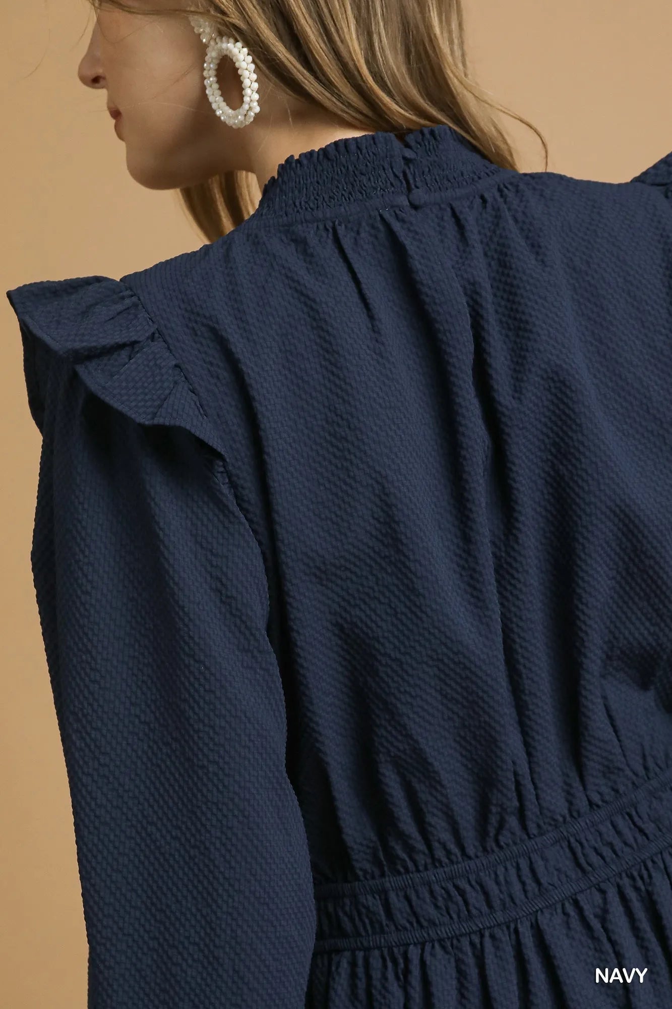 Umgee Textured Midi Dress with Ruffle Shoulder Detail - Bitsy Gypsy Boutique