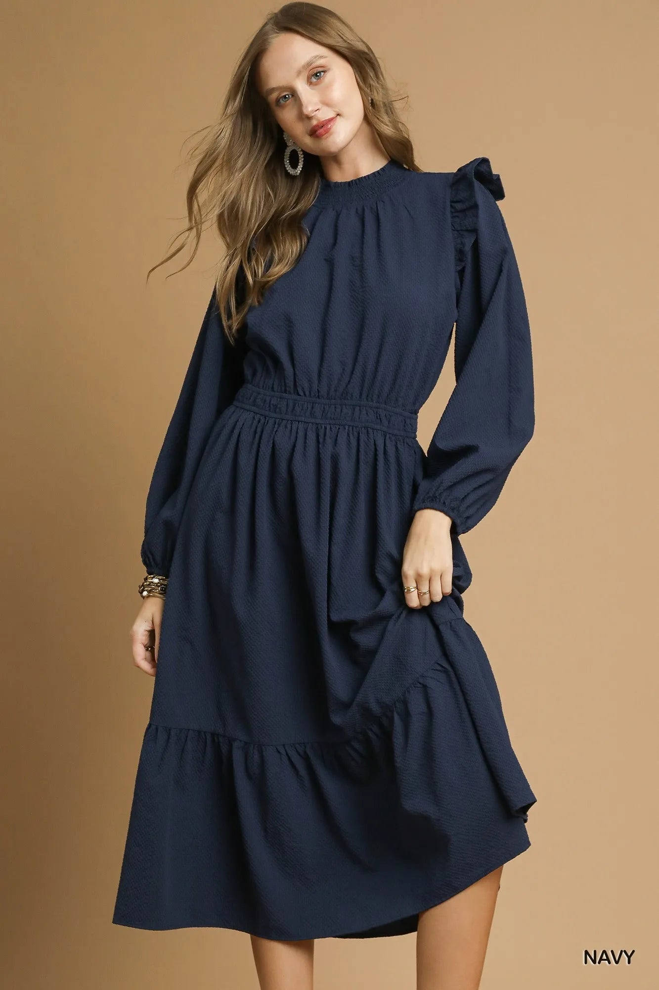 Umgee Textured Midi Dress with Ruffle Shoulder Detail - Bitsy Gypsy Boutique
