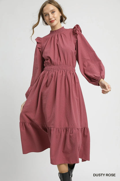 Umgee Textured Midi Dress with Ruffle Shoulder Detail - Bitsy Gypsy Boutique