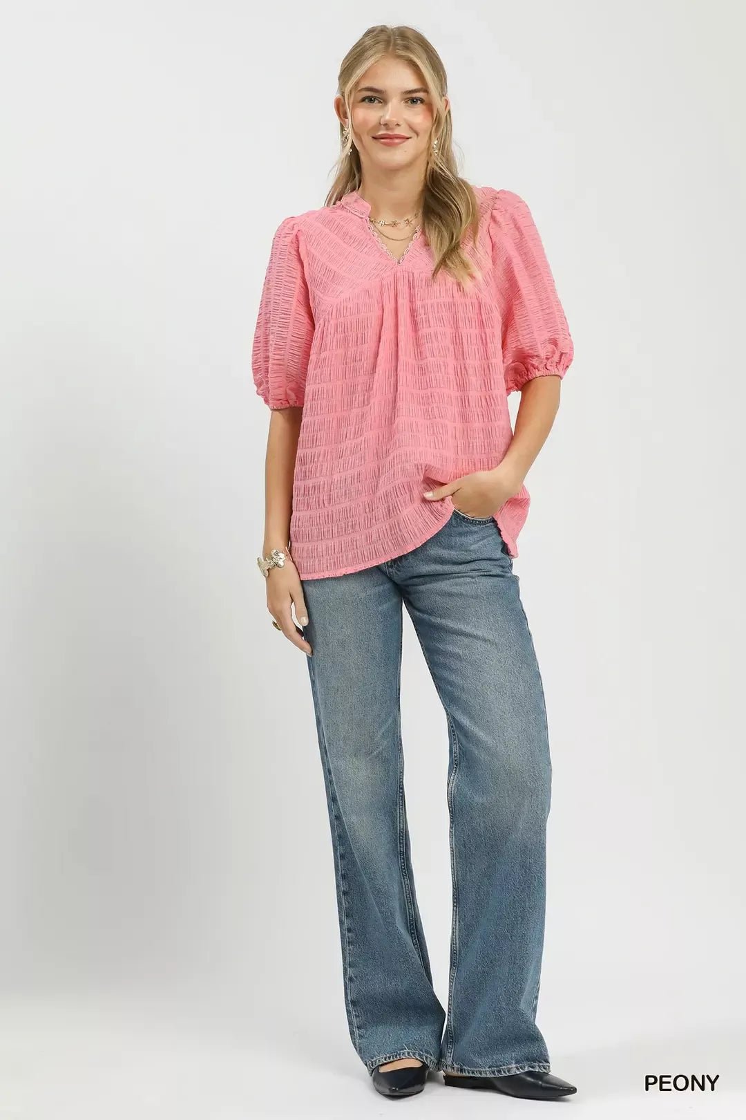 Umgee Textured Puff Sleeve Blouse - Bitsy Gypsy Boutique