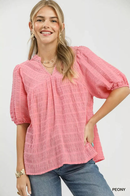 Umgee Textured Puff Sleeve Blouse - Bitsy Gypsy Boutique